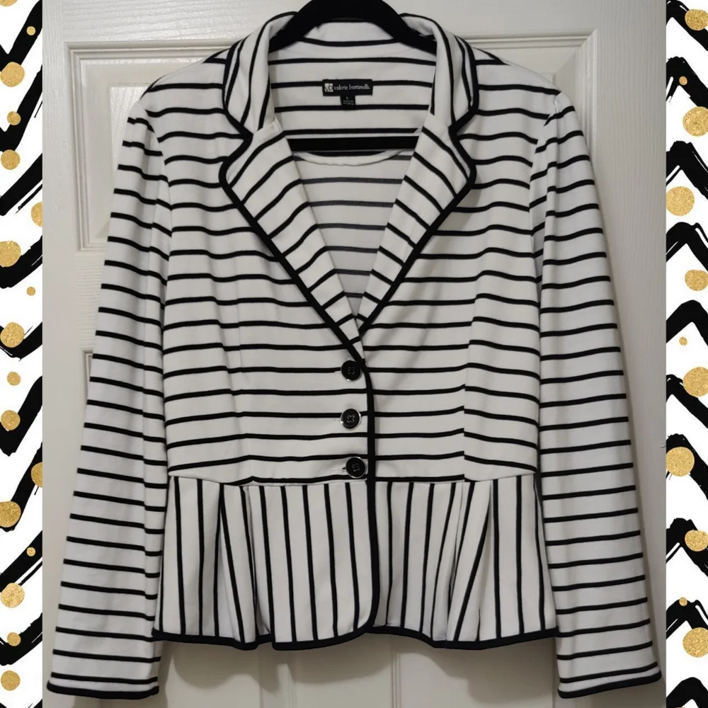 🖤Valerie Bertinelli Black & White Striped Button Up Blazer, Size Large - Picture 1 of 5
